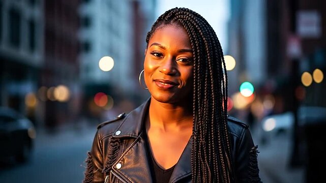 A friendly young African American woman with long braids smiling genuinely at the camera, with soft, blurred city lights creating a warm urban background.