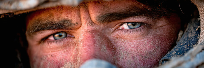 Close-up of a determined soldier's face, with piercing blue eyes staring intensely ahead, weathered by the elements