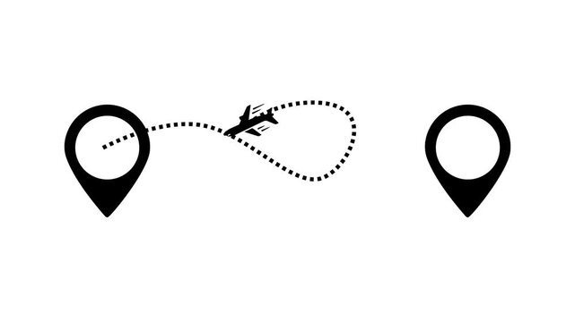 Animation of an airplane on a dotted path connecting two location pins, symbolizing air travel, journey routes, and the concept of reaching a destination