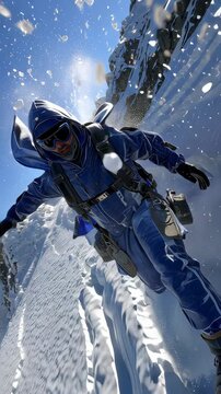 Skier falling through snow in mountain landscape