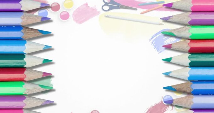 Animation of colour pencils and school icons over white background with copy space