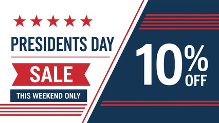 Fototapeta premium Presidents Day sale ad with 10% off, patriotic stars and stripes, red white blue theme, flat vector illustration