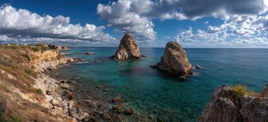 Panoramic Mediterranean Coastline with Twin Sea Stacks, Turquoise Water, and Dramatic Clouds.