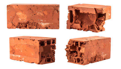 Four distinct, detailed views of fractured, red-orange fired clay building bricks against a stark black background