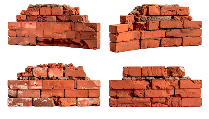 Obraz premium Four detached sections of weathered, reddish brick walls on black background