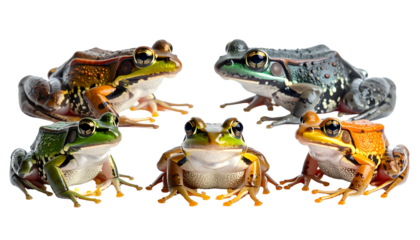 Close-up of six frogs, diverse colors and patterns, set against a transparent background
