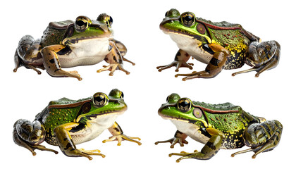 Four colorful frogs, varying poses, green skin, intricate patterns, isolated on black