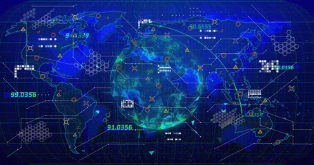 Animation of world map with data processing over globe - Powered by Adobe