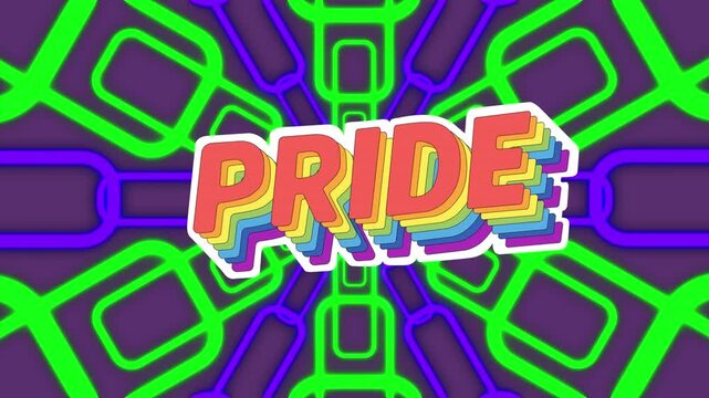 Rainbow pride text banner over blue and green abstract design in seamless pattern on grey background