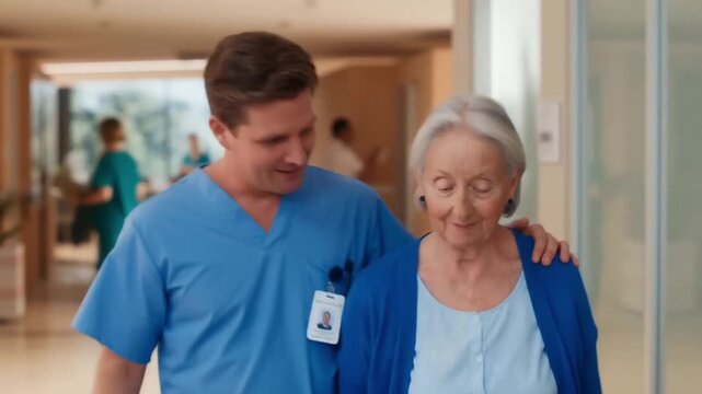 The screenshot shows a healthcare professional in scrubs assisting an elderly woman as they walk through a hospital corridor. The warm interaction suggests care and support. The background reveals oth