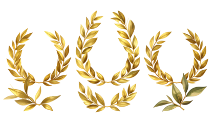 Several stylized golden laurel wreaths, symbols of victory or honor, against black