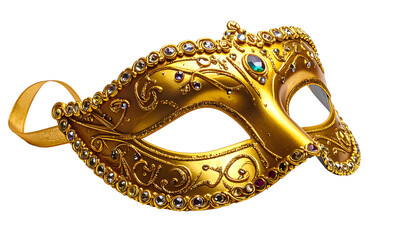 Ornate gold masquerade mask, intricately detailed with jewels, swirls, and a black background