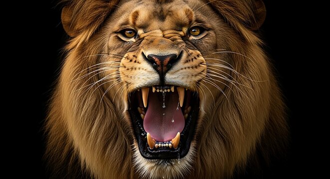 Ferocious male lion displays open mouth showing large teeth against a solid dark background