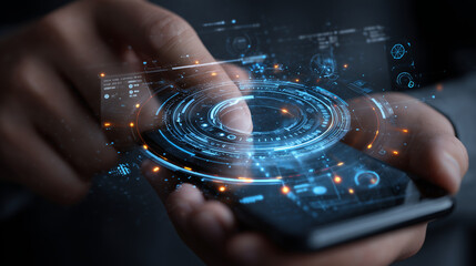 Ai person interacting with a futuristic smartphone display showing digital interface features at close range