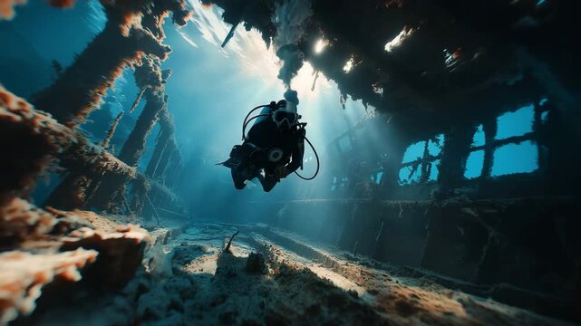 Underwater investigation of a sunken pirate shipwreck by a scuba diver