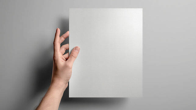 Ai blank sheet of paper held by a hand against a gray background for creativity and expression