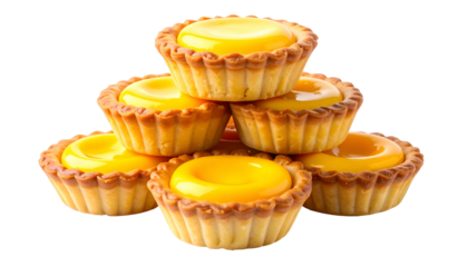 Stacked golden custard tarts with a glossy yellow filling on a transparent backdrop