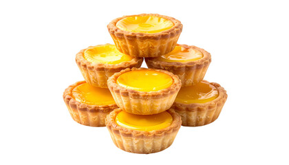 Six custard tarts in a pyramid shape. Golden yellow filling in crisp, baked shells