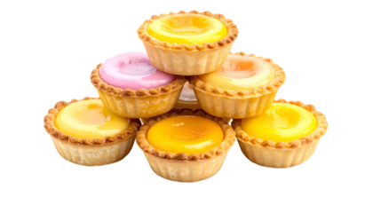 Pyramid arrangement of six colorful miniature tarts with golden crusts, isolated on black