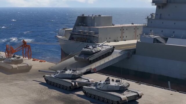 The video depicts military tanks being unloaded from a large ship onto a dock. The vast ocean serves as a backdrop, emphasizing the logistical efforts involved in deploying armored vehicles. The scene