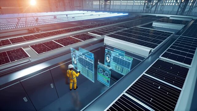 4K cinematic video of drone POV solar power plant, flying toward switchgear compartment, engineer measuring operating voltage levels, animated holographic data overlays voltage readings, glowing LED