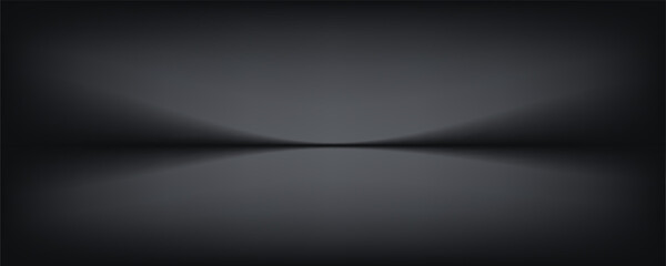 Black studio room. Limbo dark grey spotlight background. Abstract 3d backdrop for product presentation. Minimal wall scene. Showcase, promotion display. Vector stage mockup illustration
