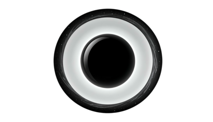 A stark, minimalist composition of a bright ring surrounding a dark, glossy sphere on black