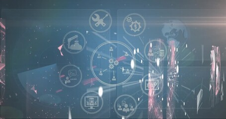 Animation of network of digital icons over multiple screens with data processing on blue background - Powered by Adobe