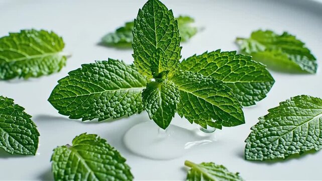 Fresh Mint Leaves Arrangement - Vibrant Green Culinary Herbs on White Background for Food Photography and Natural Wellness Concepts