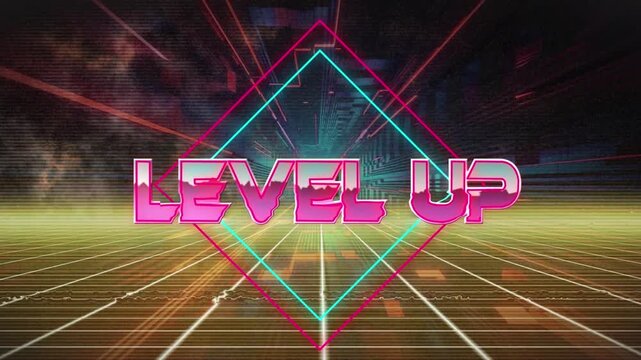 Animation of level up over yellow and black digital space with smoke