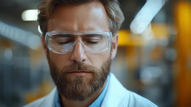 Focus and Precision: A close-up shot of a focused, bearded individual wearing safety glasses, embodying meticulous attention within an industrial or scientific setting.