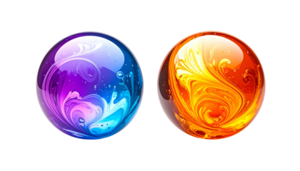Two spherical orbs. One blue/purple with swirls; the other orange/red with similar patterns