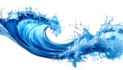 A cresting ocean wave, rendered with varying shades of blue, breaking against a black background