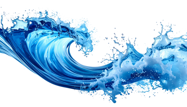 A cresting ocean wave, rendered with varying shades of blue, breaking against a black background - Powered by Adobe