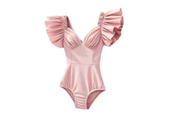 Pink ruffle sleeve swimsuit pearl embellished elegant girls beachwear vintage-inspired design, isolated on a transparent background