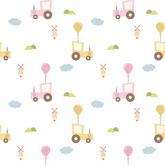 Tractor and balloon cartoon so cute. On mountain cloud windmill white background. Pattern seamless vector illustration. 