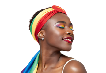 Woman with rainbow headwrap and colorful eye makeup smiling, isolated on a transparent background