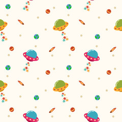 UFO colorful cartoon so cute. On star meteor planet earth background. Pattern seamless vector illustration. 