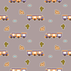 Train purple and orange cartoon so cute. On cactus cloud mountain background. Pattern seamless vector illustration. 