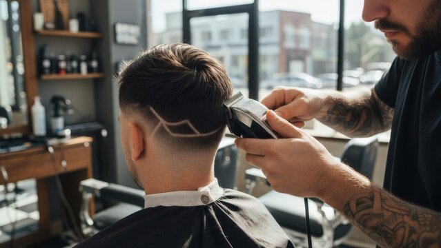 Man receiving new haircut with custom design from barber. Professional stylist creating unique hair art for stylish client. Barbershop service concept.