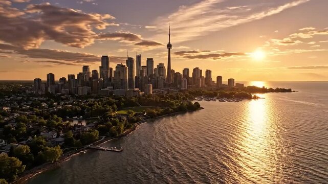 Downtown toronto skyline at sunset with cn tower and waterfront