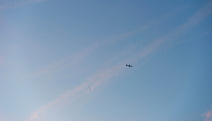 Birds flying in a blue cloudy cloudy sky at sunrise in winter, Almere, Flevoland, The Netherlands, January 18, 2026