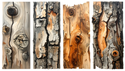 Four vertical panels showing close-up textures of tree bark with knots and cracks