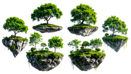 Isolated floating islands with lush green trees and vegetation against a black background