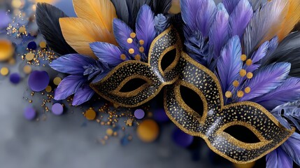 Colorful masquerade masks adorned with feathers and decorative elements in purple, gold, and blue tones, set against a blurred background with vibrant bokeh effects
