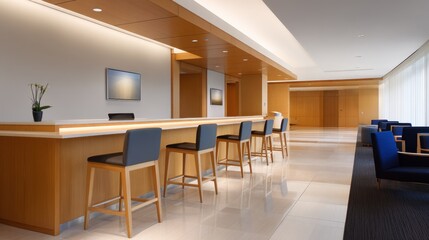 Fototapeta premium A modern hotel lobby with a long wooden reception desk, bar stools, glossy tile floor and blue seatingindoors