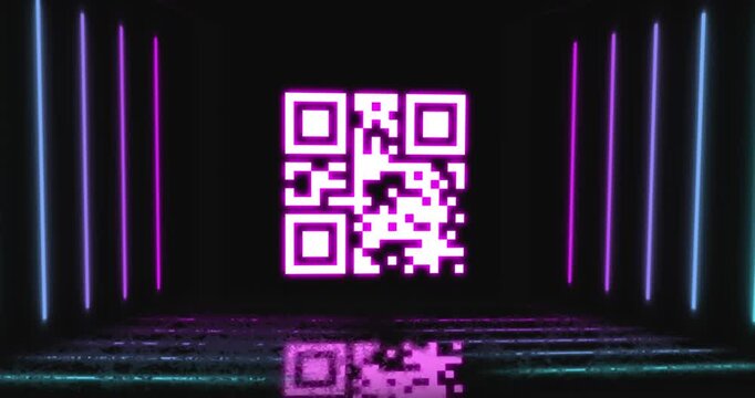 This animation shows a pink qr code flickering with pink and blue neon lines on a black background