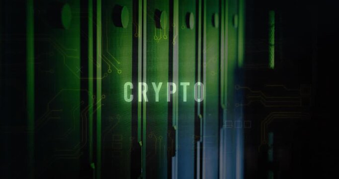 Animation of crypto text over data processing and computer servers