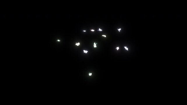 A medium number of glowing 3D butterflies hover and fly in place with a magical light effect. Seamless infinite loop animation in 4K resolution with alpha channel, magical VFX compositions.