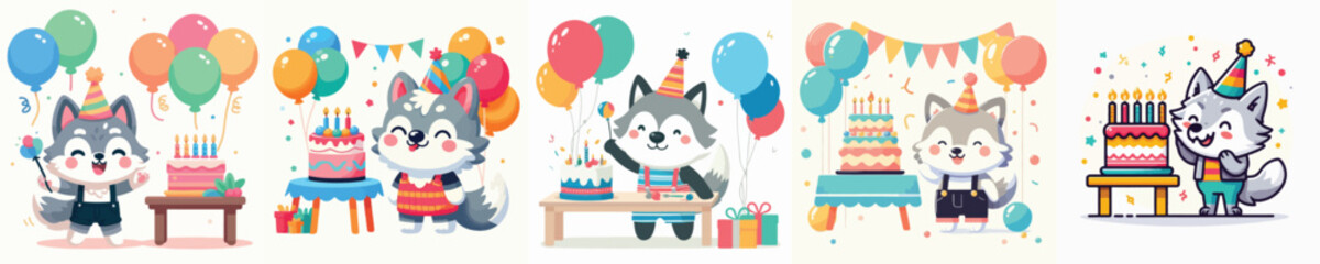 Naklejka premium cute wolf vector having a birthday